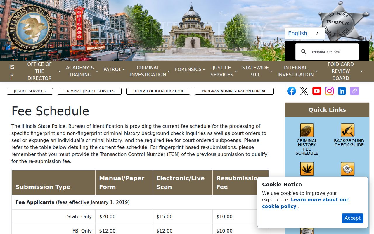 Jo Daviess County criminal history ISP fee schedule